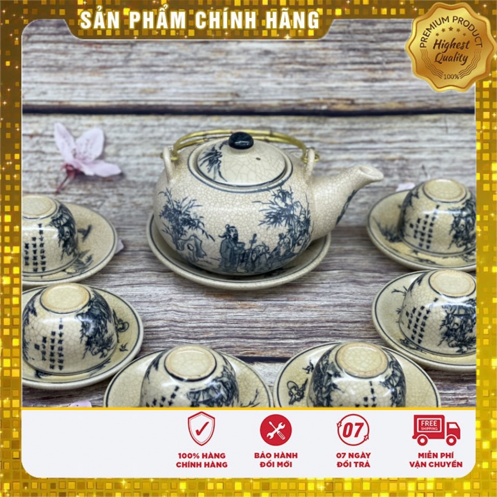 Ấm chén men rạn cổ Bát Tràng-bộ Trúc Lâm Thất Hiền, bộ Cổ Tự dưới gốc cây Tùng,bộ Nhị Cảnh Sơn Thuỷ quai đồng