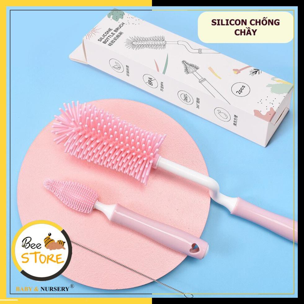 Bộ cọ rửa bình sữa silicon 3 chi tiết cao cấp, tay cầm xoay 360 độ, Cọ bình sữa cho bé