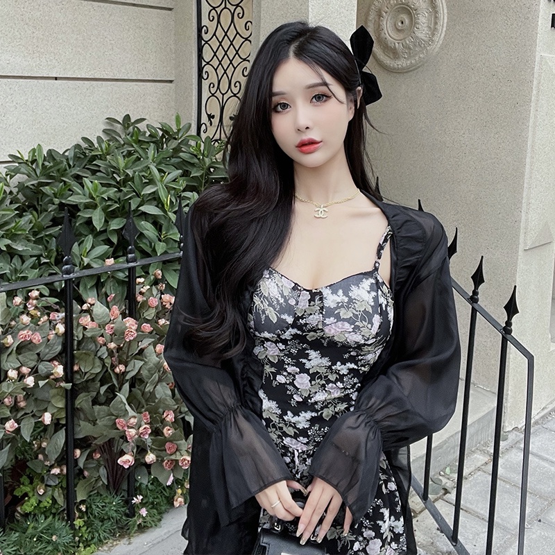 Set đầm hai dây họa tiết hoa và áo khoác cardigan PERTY chống nắng phong cách thời trang Hàn Quốc