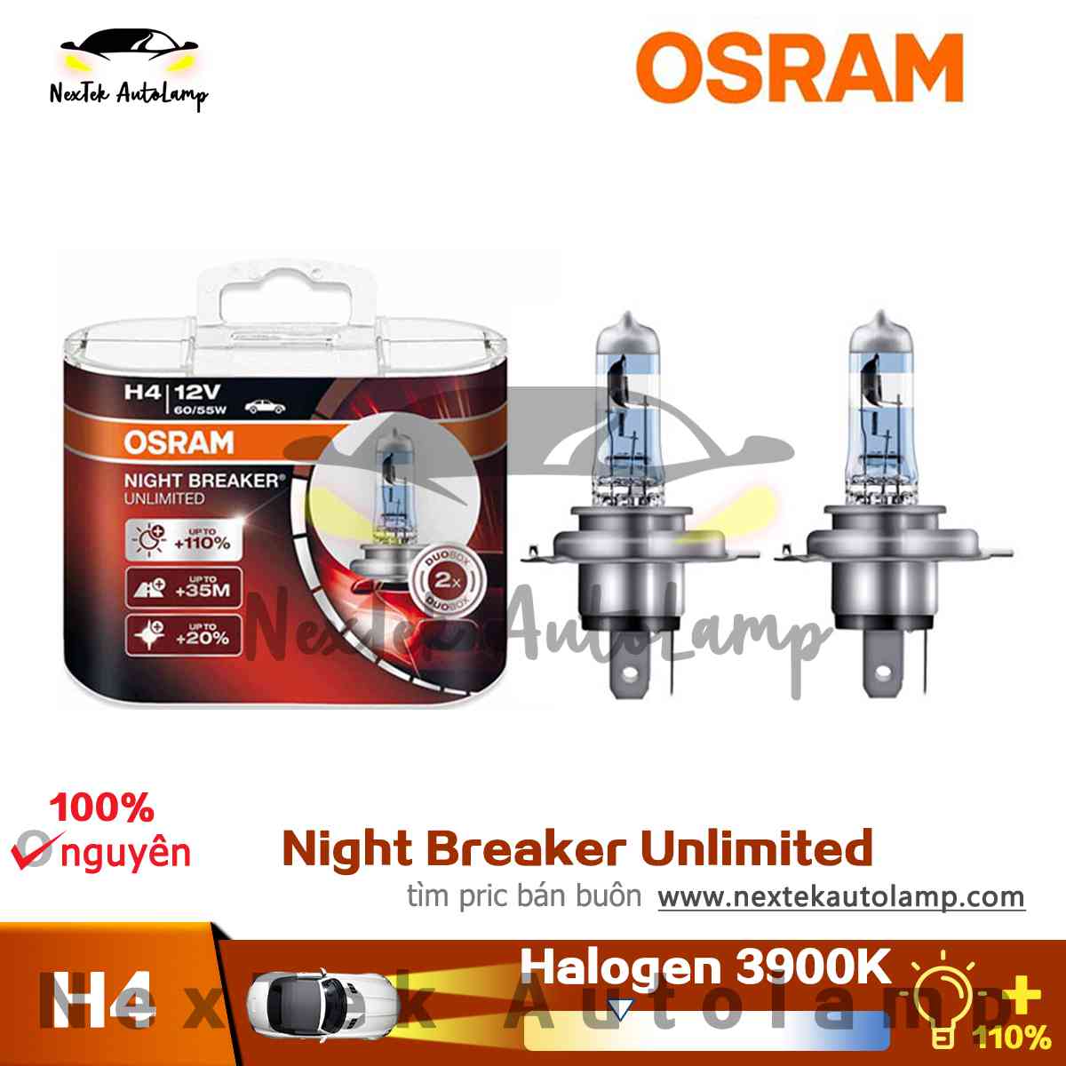 OSRAM NIGHT BREAKER UNLIMITED H4 12V 60/55W +110% Đèn Pha ô Tô Xenon 3900K