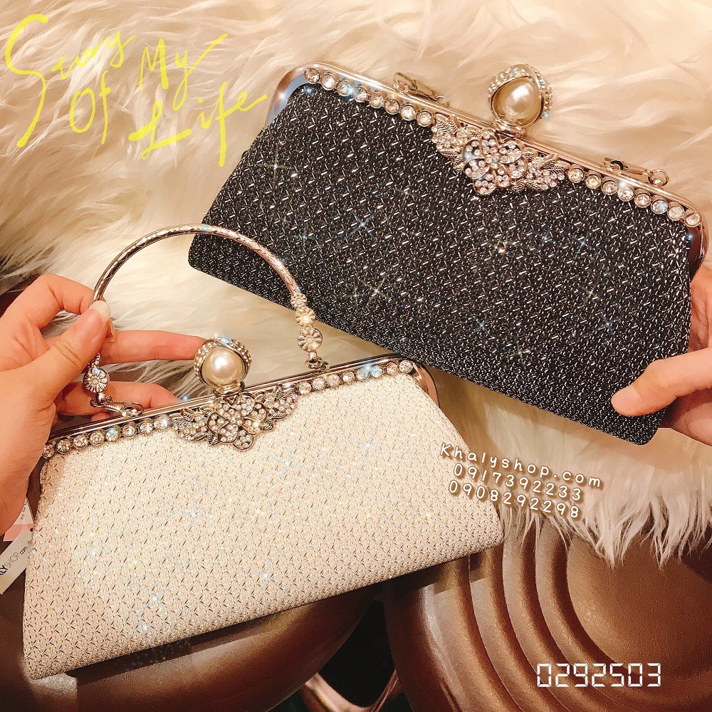 Bóp đầm clutch dạ hội dự tiệc sang trọng đeo chéo xách tay màu trắng, đen đan lưới kiểu khóa hột châu lấp lánh siêu xinh