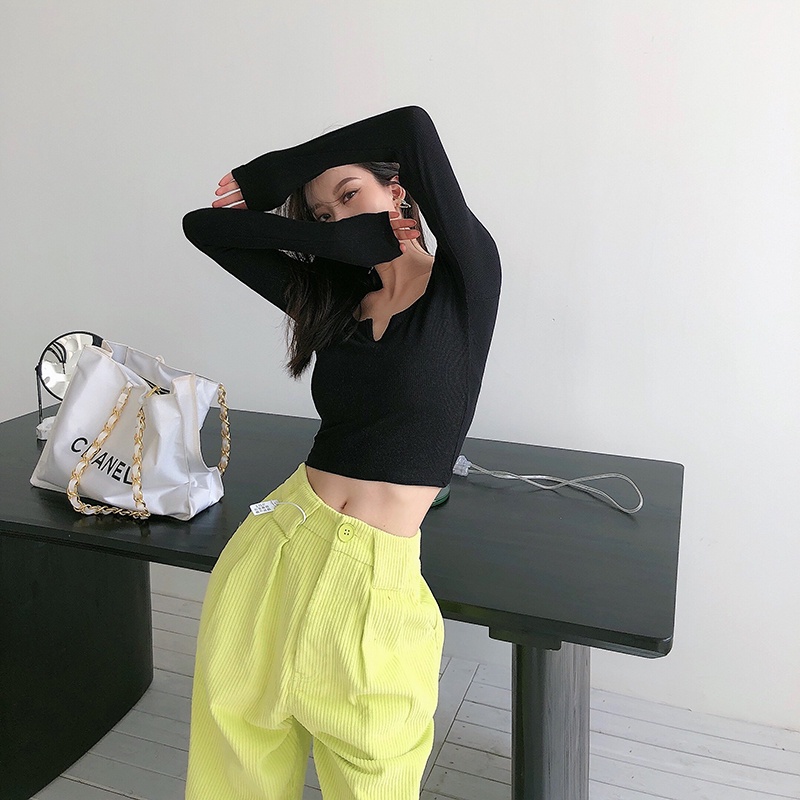 Cocory vn Áo thun croptop tay dài ôm dáng 4 màu tùy chọn phong cách thời trang cho nữ