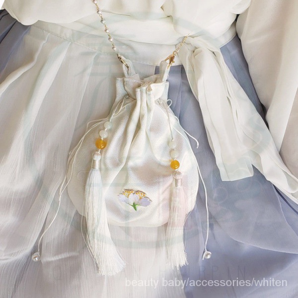 Túi đeo chéo vải satin hình tròn thêu họa tiết phối tua rua phong cách Trung Ho