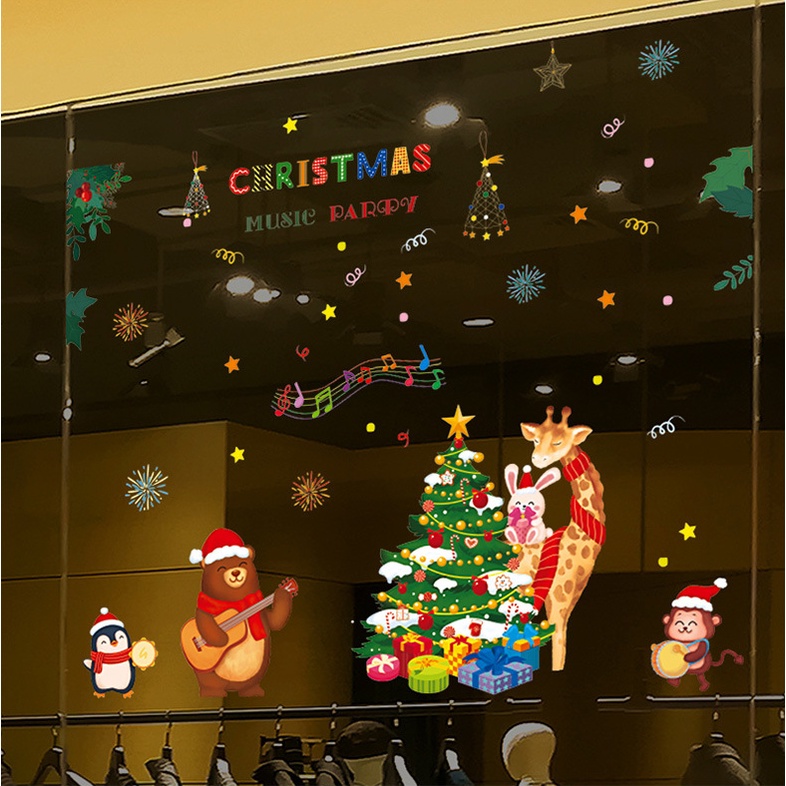 Decal dán tường trang trí Noel - Thỏ nai khỉ gấu đón giáng sinh bên cây thông quà