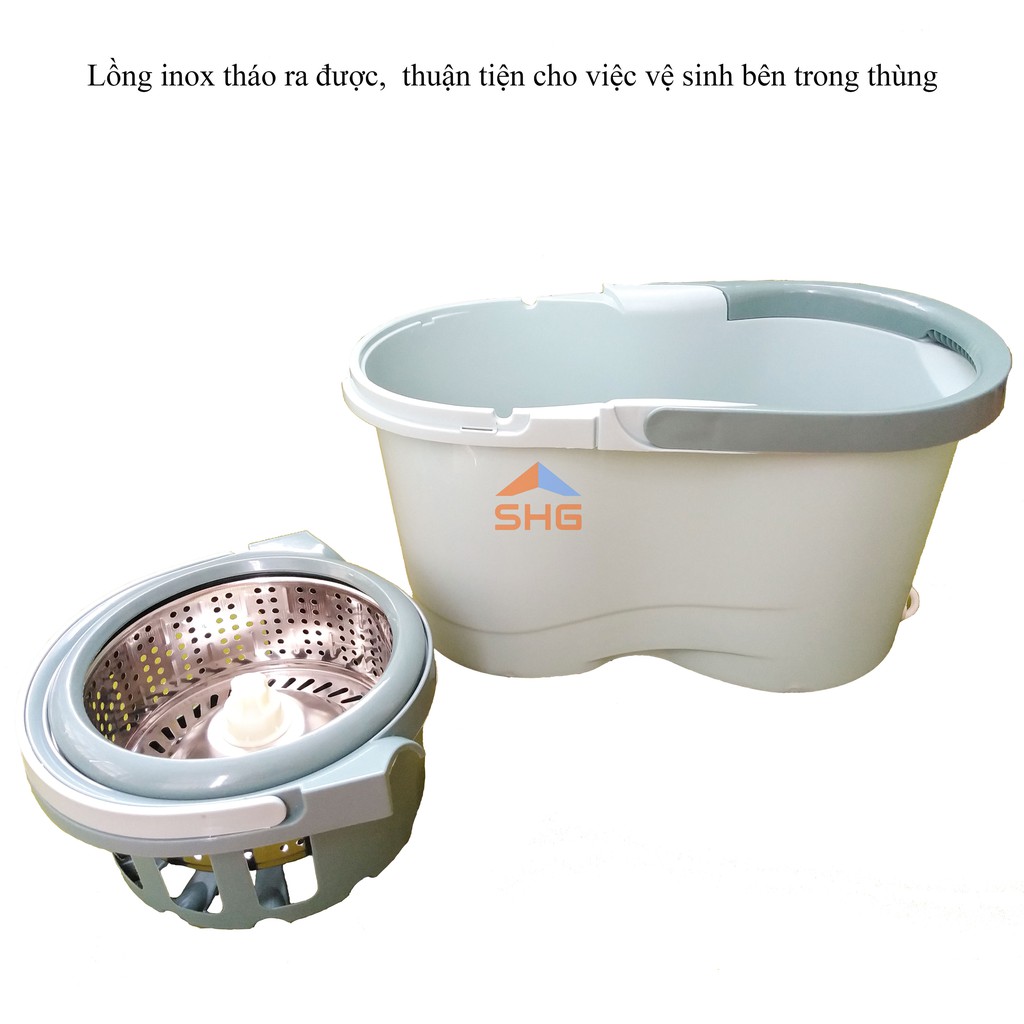 (MUA LẺ GIÁ SỈ) BỘ LAU NHÀ 360 ĐỘ RỜI LỒNG DỄ VỆ SINH, LỒNG VÀ MÂM INOX, SIÊU SẠCH