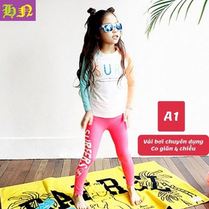 Đồ bơi bé gái tay dài chữ Surf 23-40kg - tay dài cho bé bơi lâu mà không sợ lạnh-HNStore115