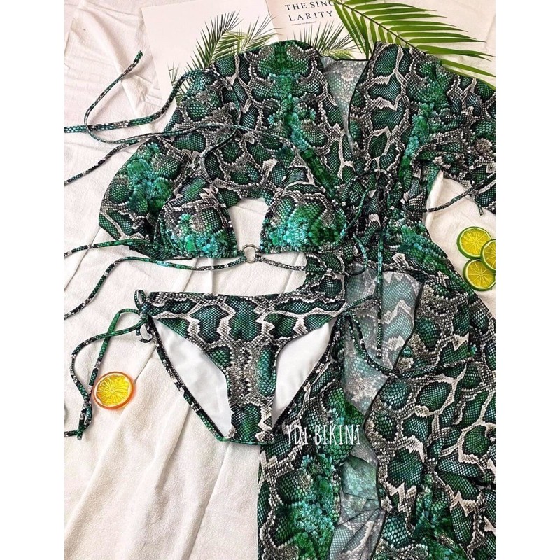 [HÌNH CHỤP THẬT] Set bikini tam giác hoạ tiết kèm áo kimono sang chảnh