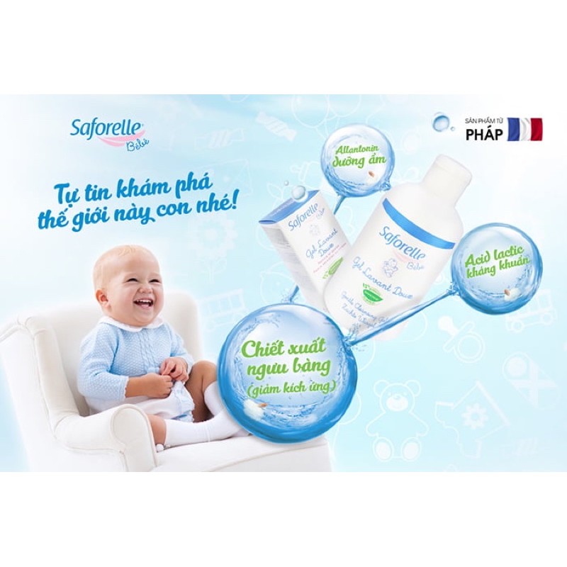 (DATE02/2024)SAFORELLE BEBE-GEL LAVANT DOUSE- GEL TẮM GỘI EM BÉ 250ML