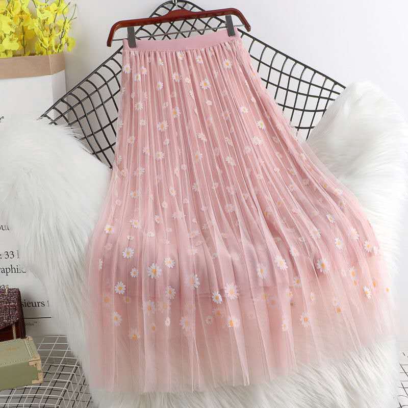 Chân Váy Lưới Ba Lớp Dáng Chữ a Lưng Cao In Họa Tiết Hoa Cúc Phong Cách Hàn Quốc Xinh Xắn