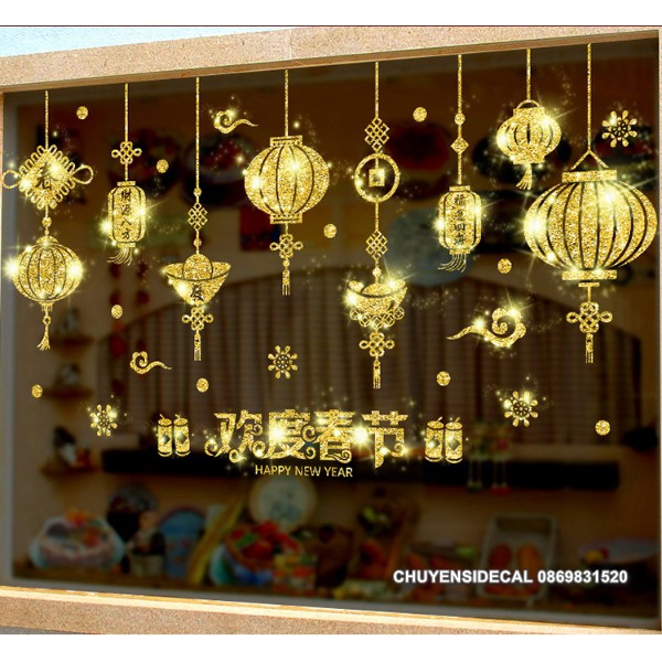 Decal trang trí Tết - Rèm lồng đèn Nhũ Kim Tuyến