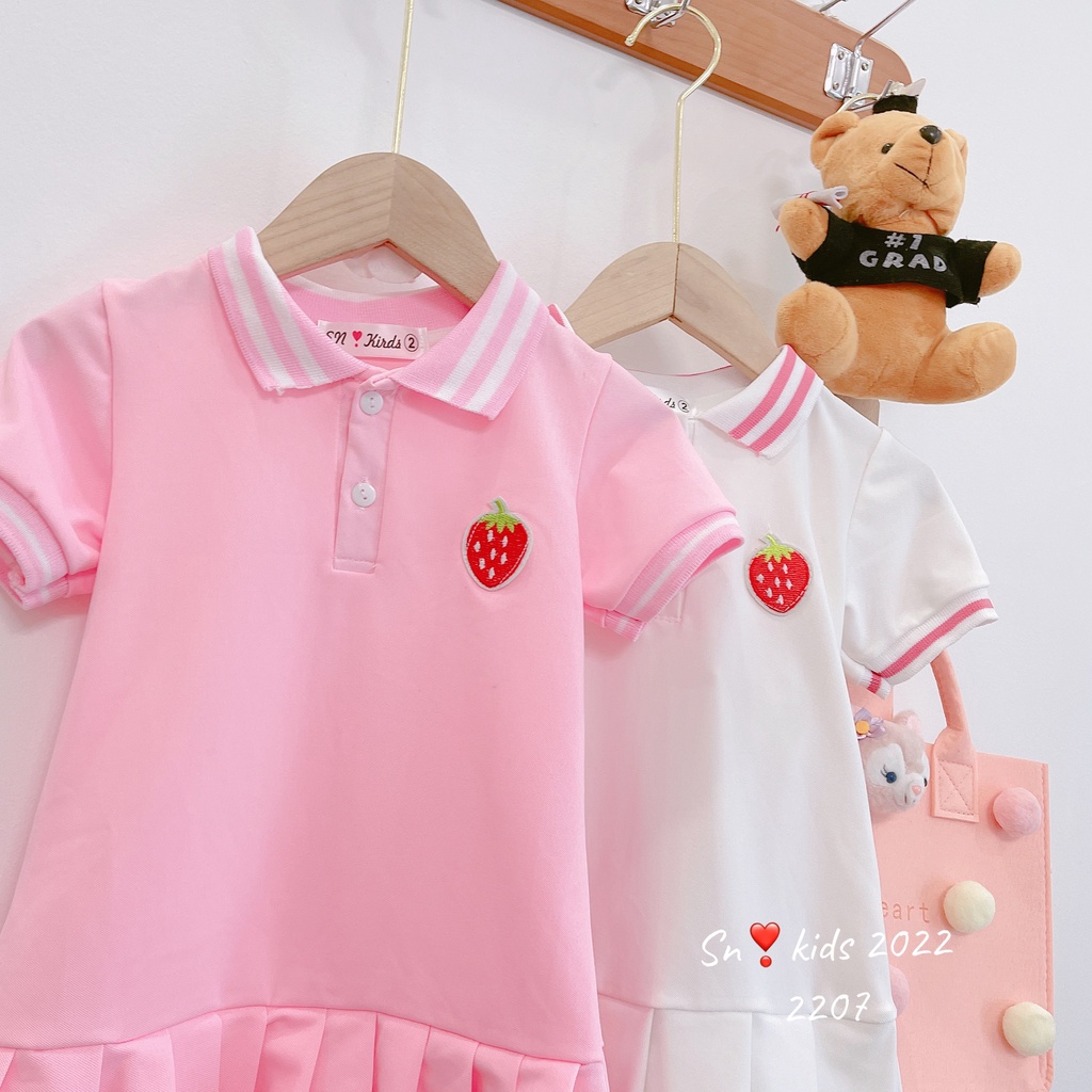 Váy cho bé gái, cặp váy polo thêu dâu tây trang nhã cho bé gái size 10-32kg