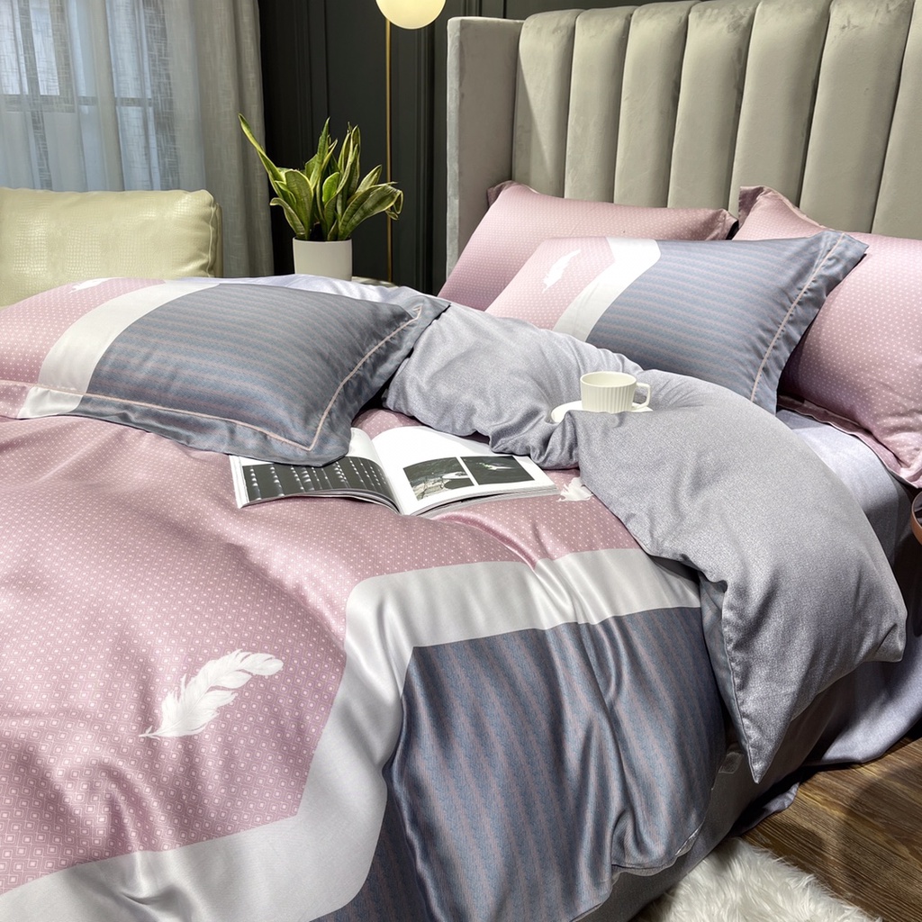 Bộ chăn ga gối lụa Tencel 100% 60s 5 món, siêu mát mịn, họa tiết hoa lá 3D sang trọng 2023 Hot selling