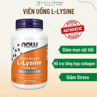 Viên uống giảm mụn nội tiết L-Lysine Now 1000mg, hỗ trợ tổng hợp collagen, giảm căng thẳng.