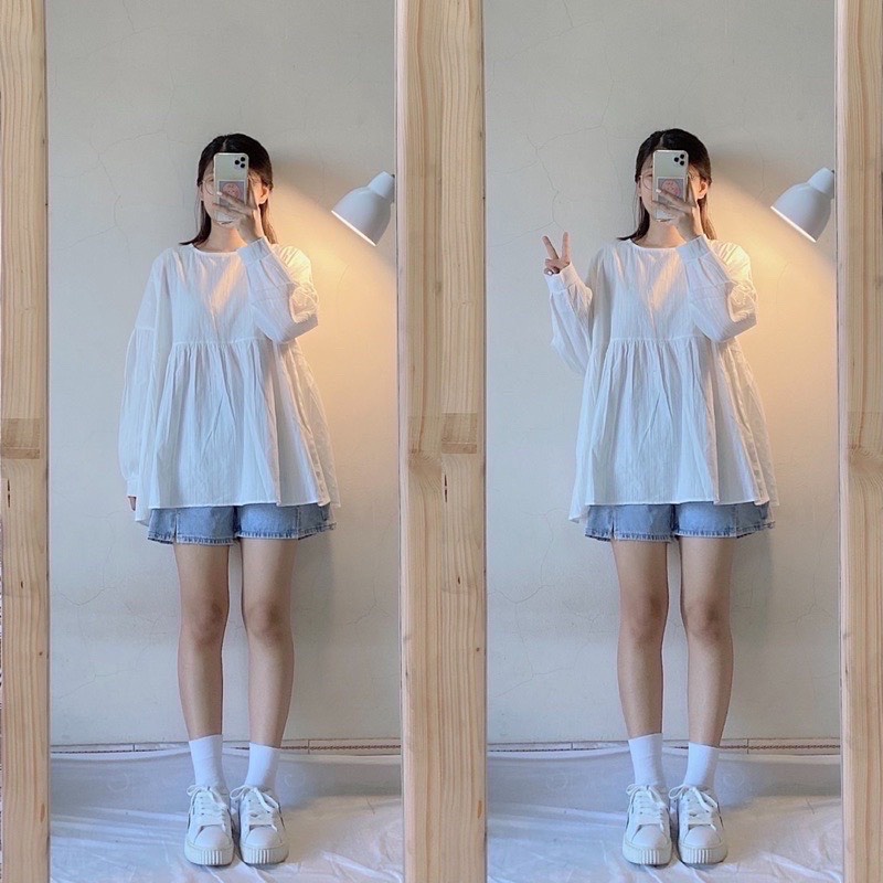 [Ảnh thật/sẵn] Áo babydoll trắng nơ lưng sau nhẹ nhàng - Áo babydoll dài tay