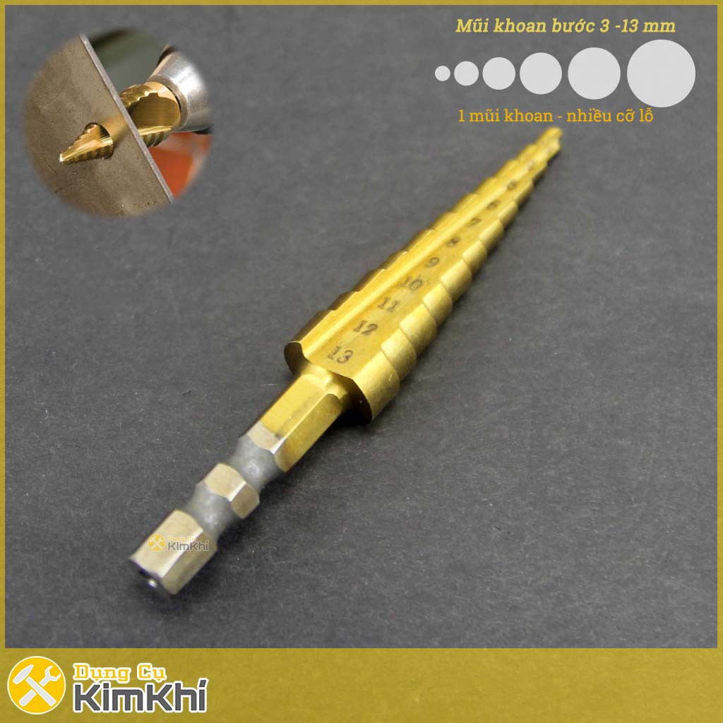 Mũi khoan 11 bước thẳng 3-13mm HSS Tin chuôi lục