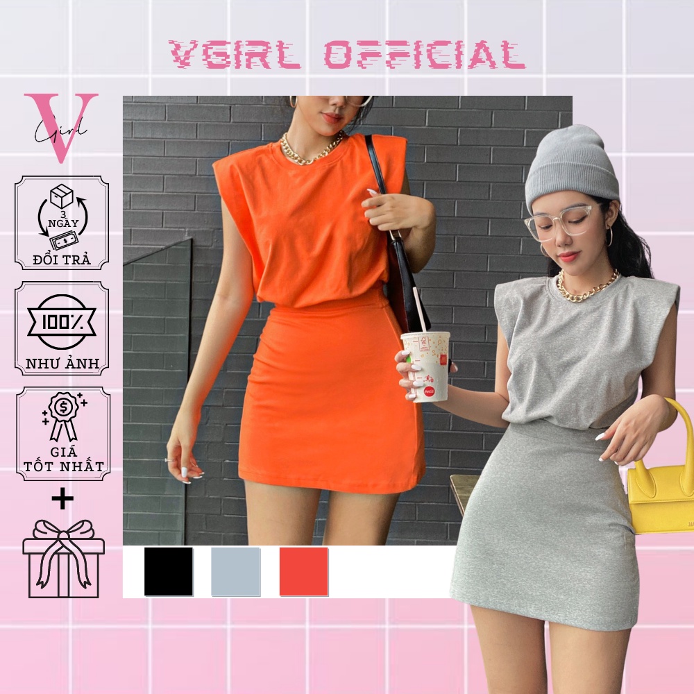 Set bộ nữ VGIRL áo cộc tay có đệm vai, chân váy chữ A ôm eo năng động