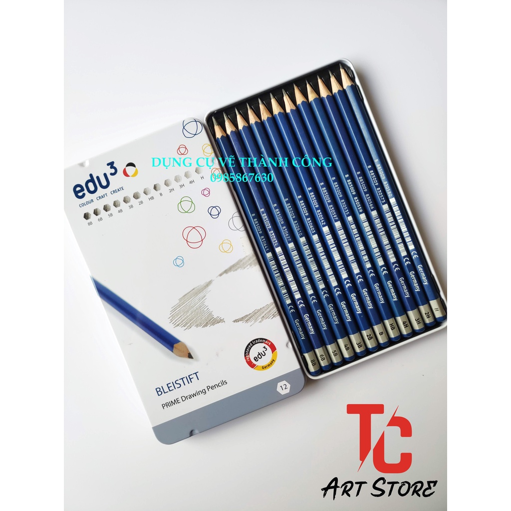 Bộ 12 bút chì vẽ kỹ thuật EDU3 ( Kèm hộp sắt - Nhập khẩu từ Đức)