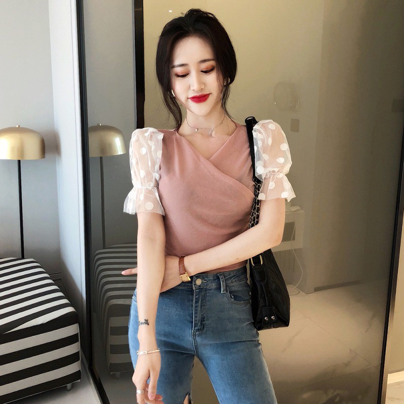Women Sexy Sling Strapless V Collar Mesh Stitching Short Sleeve Blouse | BigBuy360 - bigbuy360.vn
