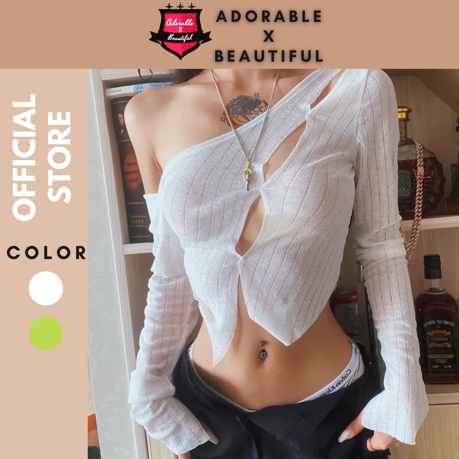 Áo Thun Kiểu Tay Dài Mỏng Nhẹ Cut Out Trắng / Xanh Gợi Cảm Phong Cách Ulzzang [AdorablexBeautiful]