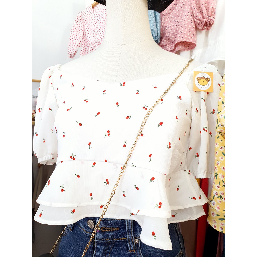 [SẴN] ÁO BABYDOLL CROPTOP TAY LỞ HOA NHÍ CỔ VUÔNG
