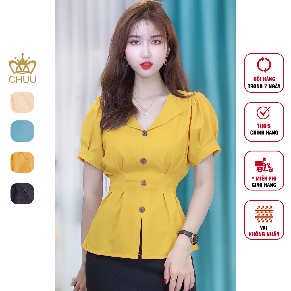 Áo peplum công sở nữ kiểu xếp li bo chun phần eo đính nút gỗ CHUU A6899