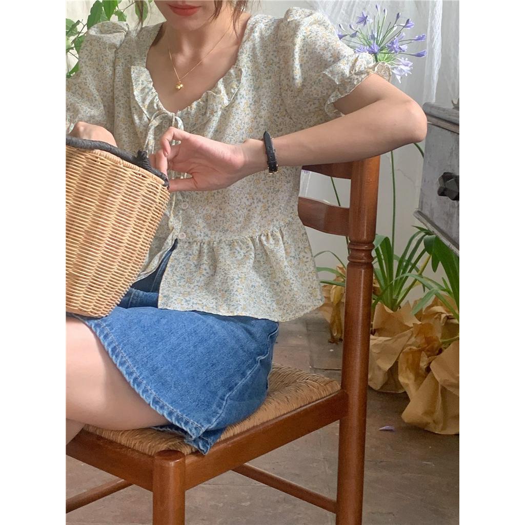 Áo Sơ Mi Nữ Tay Ngắn Xếp Nếp In Hoa Phong Cách Mới Mùa Hè 53217