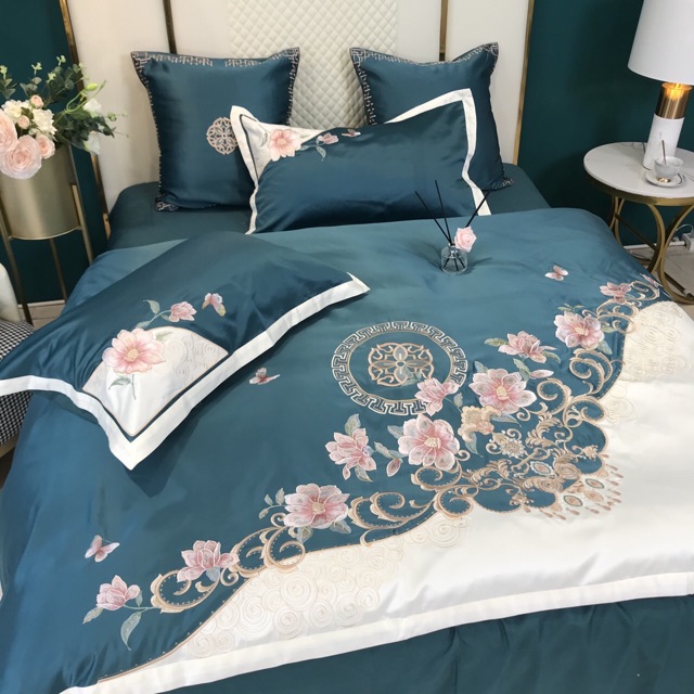Bộ chăn ga gối lụa thêu hoạ tiết hoa hồng thiết kế sang trọng hàng Nhập Khẩu nguyên bộ