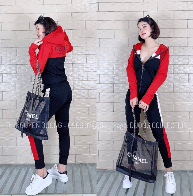 Bộ thể thao nữ có mũ trùm dây khoá kéo chất umi