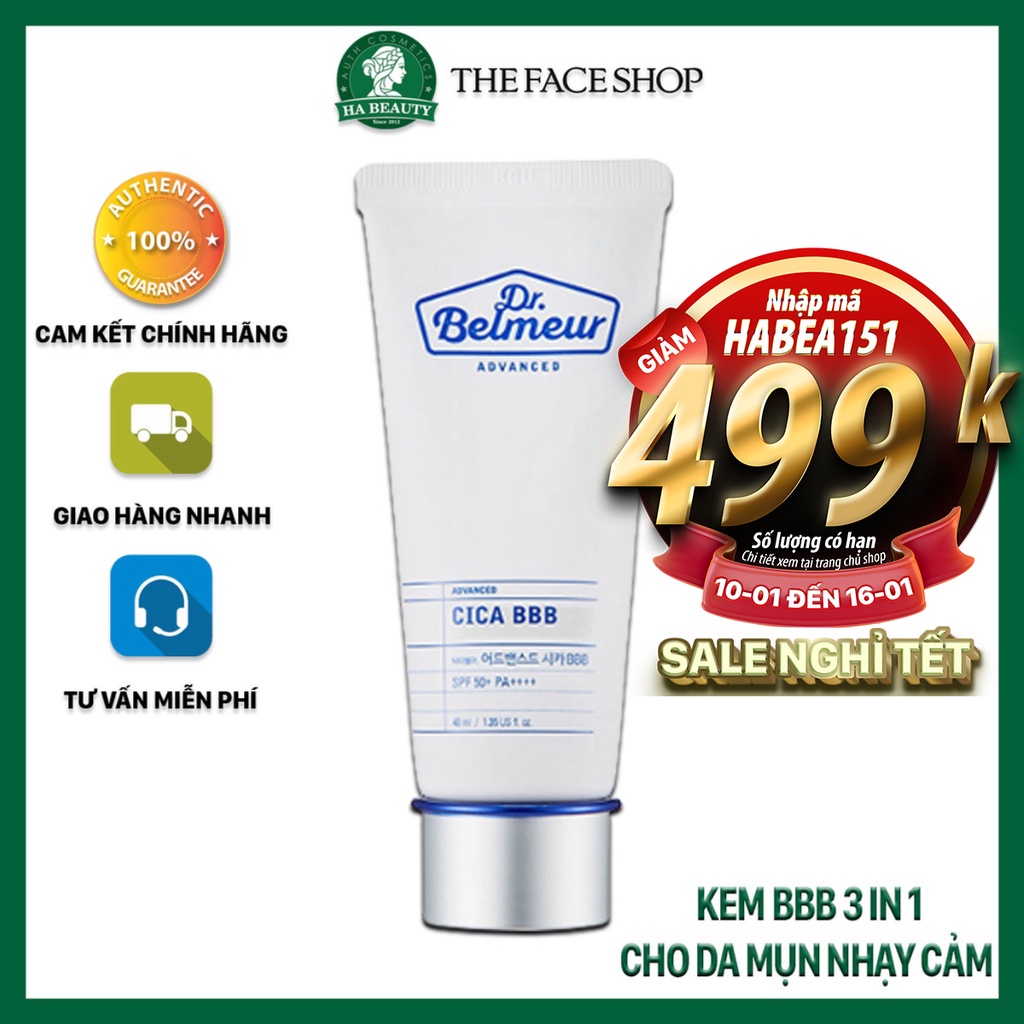 Kem nền che khuyết điểm trang điểm dưỡng da chống nắng The Face Shop Dr Belmeur Advanced Cica BBB 40ml SPF50+PA+++