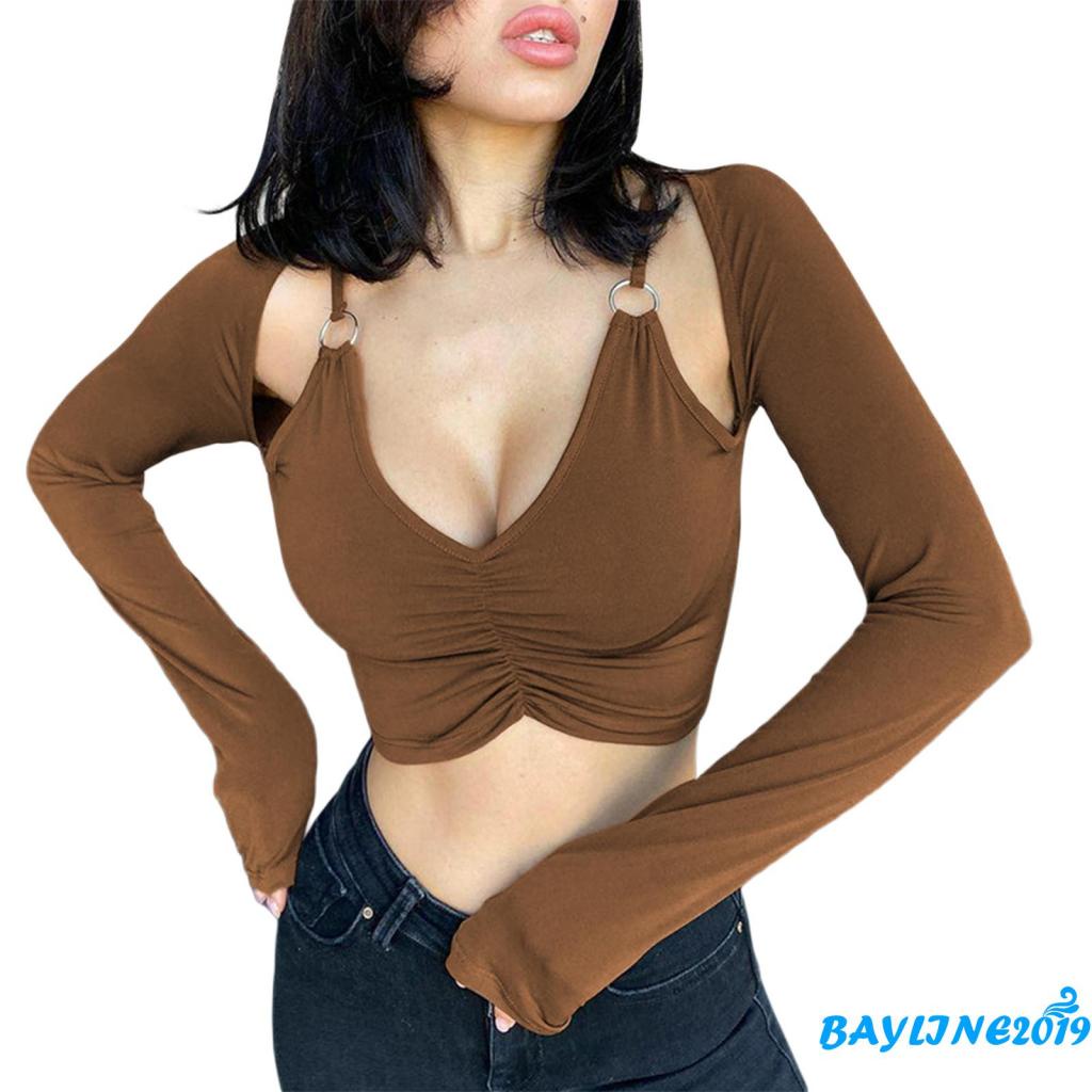 Áo Croptop Tay Dài Cổ Chữ V Màu Sắc Trơn Thời Trang Mùa Hè Dành Cho Nữ
