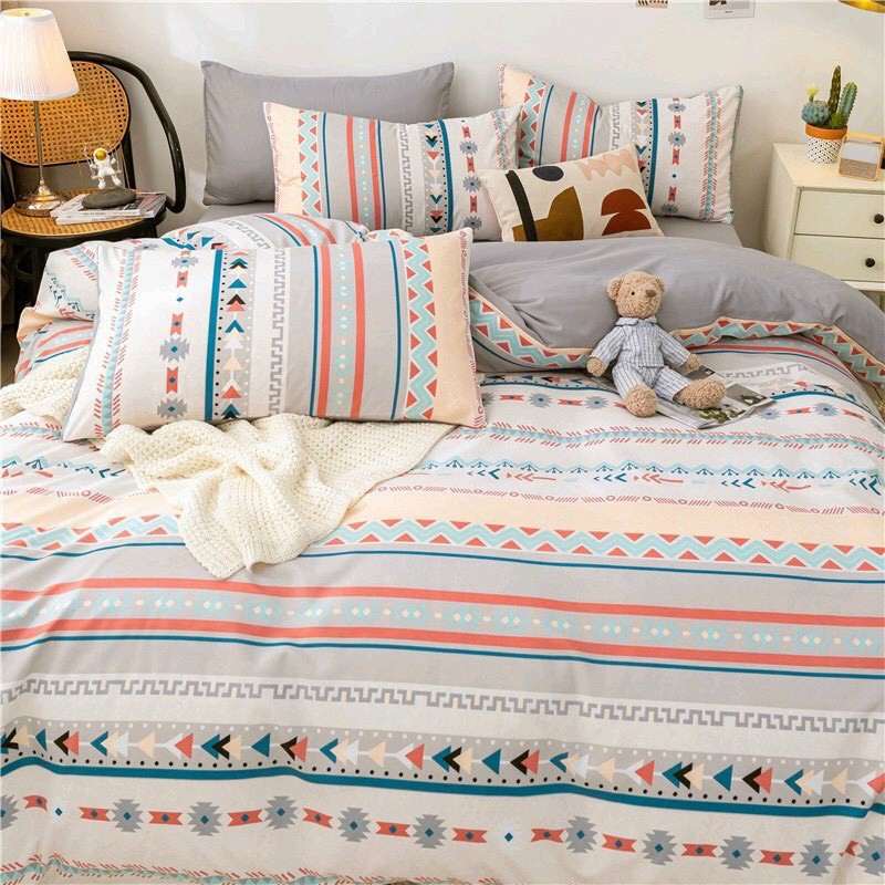 Bộ chăn ga Cotton poly Thổ cẩm trắng chăn ga nhập khẩu miễn phí bo chun