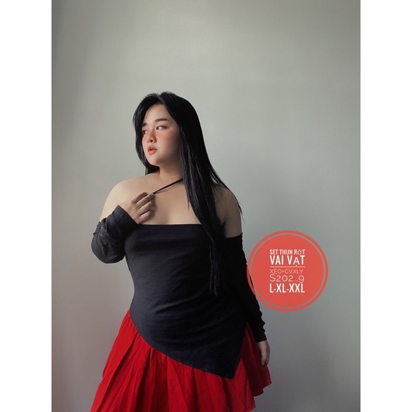 Set Bigsize áo bẹt vai dây chéo bún chân váy xếp ly