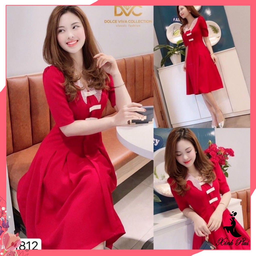 Đầm dự tiệc xoè đỏ phối nơ cổ lưới