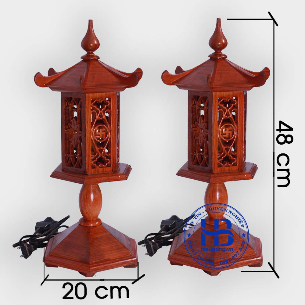 Đèn thờ mái chùa lục năng,đôi đèn thờ gia tiên gỗ hương cao 48cm