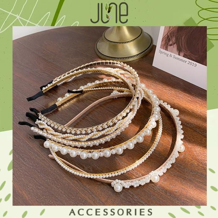 Băng đô bờm cài tóc đính hạt ngọc gọng dẻo bền đẹp nhỏ gọn thời trang Hàn Quốc June accessories