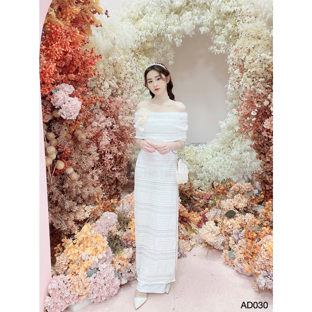 Áo dài cách tân KÈM QUẦN, áo dài ren TWINS STORE kiểu trễ vai tiểu thư, chất ren cao cấp - AD030