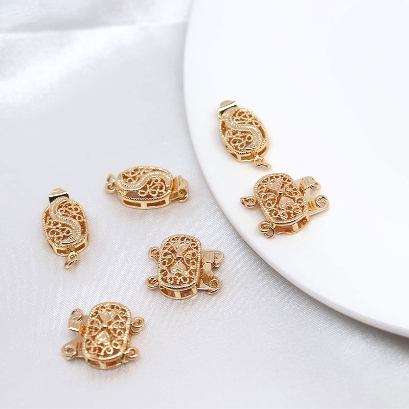 Khóa Nối Dây Chuyền Thủ Công diy Bằng Đồng 14K Màu Vàng Hai Lỗ Đính Ngọc Trai