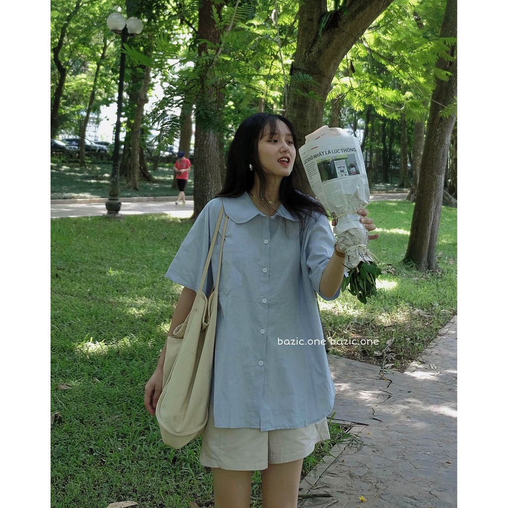 Áo sơ mi nữ cổ sen túi ngực Cheapy tay ngắn form rộng chất đũi xanh trắng đẹp kiểu Hàn Quốc C471