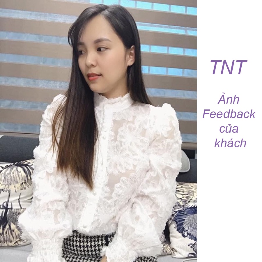 Áo sơ mi nữ ren dài tay đẹp dáng suông màu trắng be đi làm đi chơi TNT