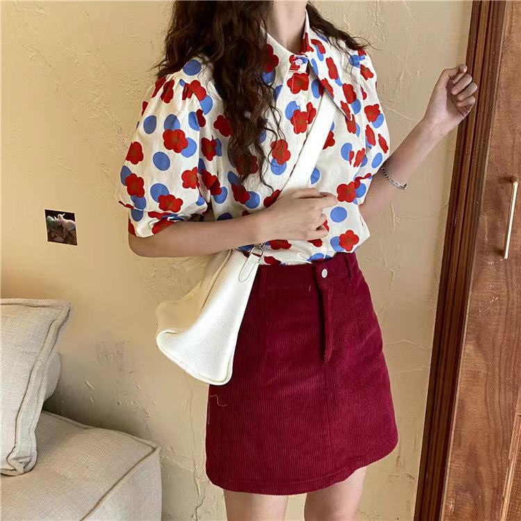 Áo Sơ Mi Tay Ngắn Phồng Cổ Búp Bê In Hoa Phong Cách Retro Pháp Cho Nữ