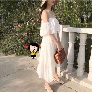 Đầm maxi đi biển - váy trễ vai trắng