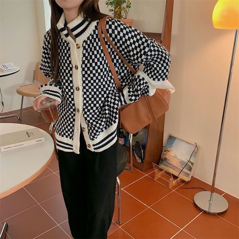 Cardigan Len Nữ Form Rộng, Áo Khoác Cardigan Kẻ Caro Cao Cổ Mùa Đông Mặc Cực Ấm Phong Cách Hàn Quốc