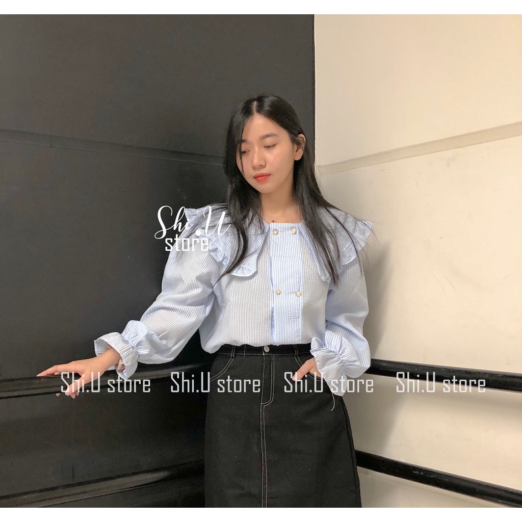 Áo sơ mi nữ dài tay kẻ sọc cổ bèo cúc ngực cách điệu chất xốp không nhăn 2 màu xinh xắn | BigBuy360 - bigbuy360.vn