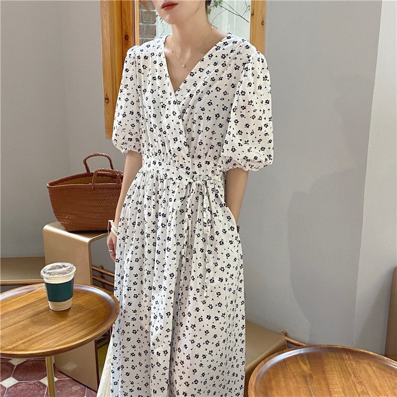 Đầm Maxi 35109 Cổ Chữ V Tay Phồng In Hoa Xinh Xắn Hợp Thời Trang