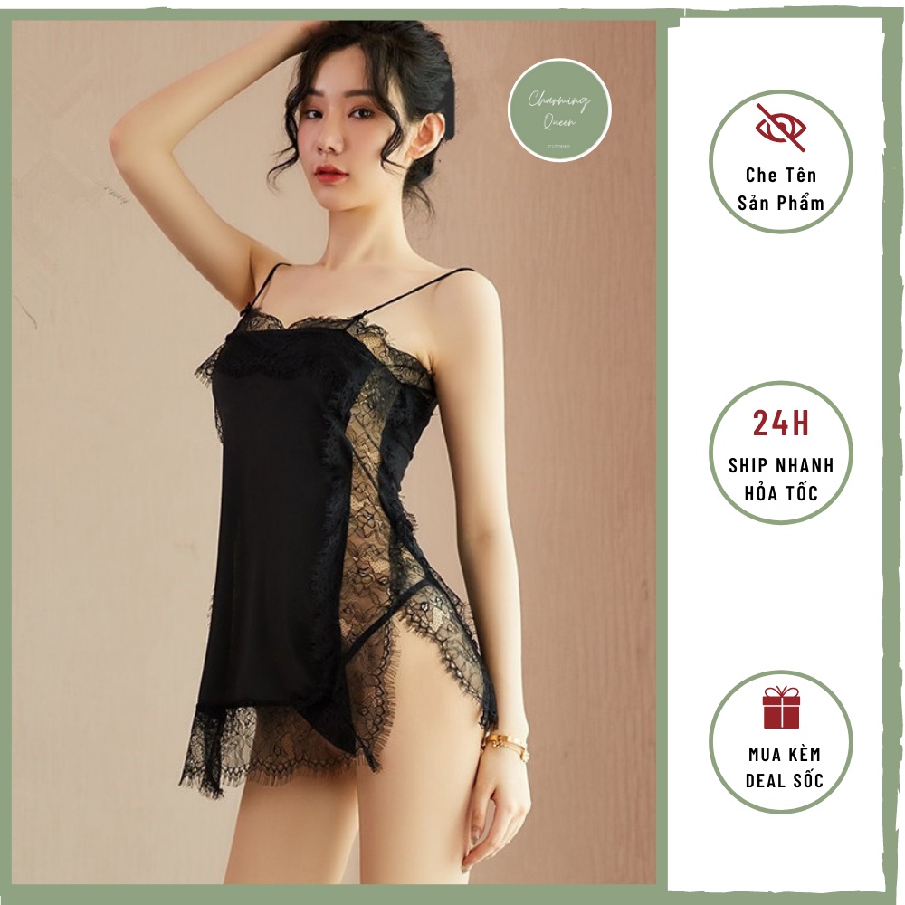 Váy ngủ, Đồ Ngủ sexy 2 dây body viền ren xẻ hông mặc nhà gợi cảm -- CHARMINGQUEEN