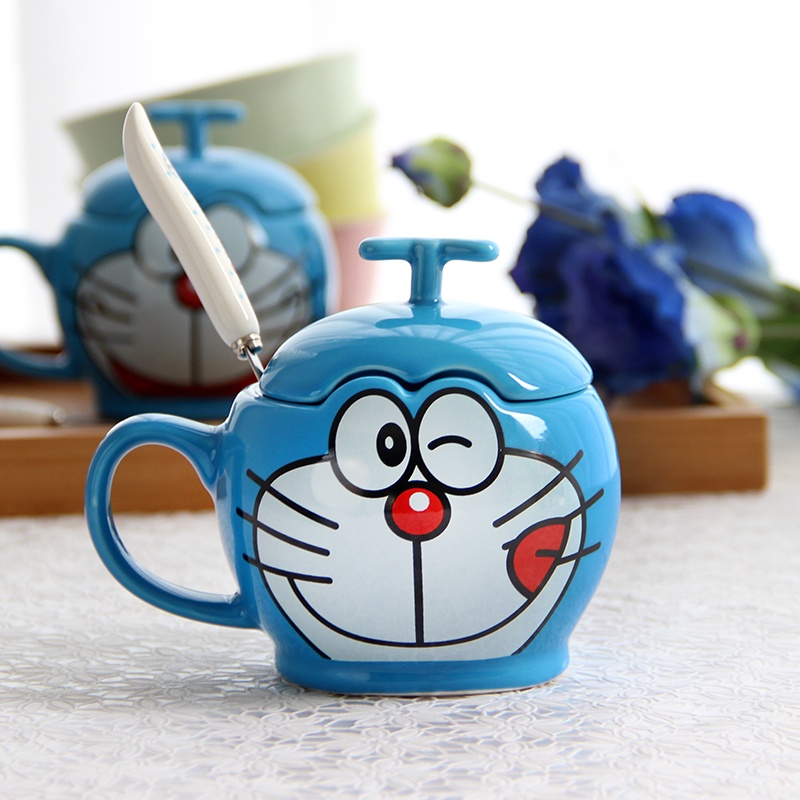 ✨Cốc Sứ Uống Cà Phê Hình Mèo Máy Doraemon Có Nắp Đậy Và Muỗng
