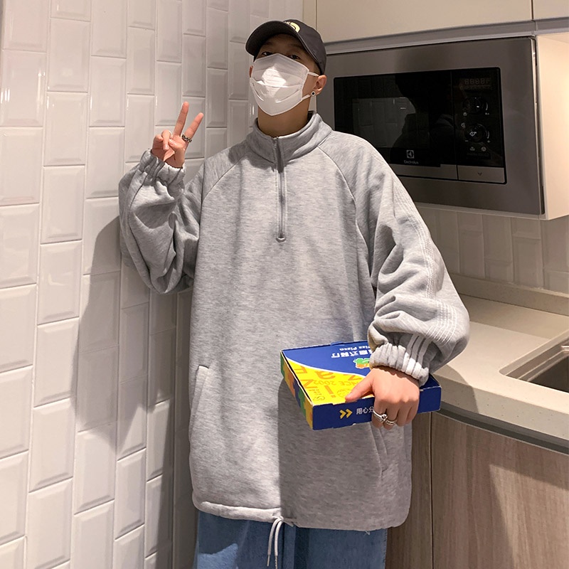 Áo khoác sweater cổ đứng tay dài dáng rộng có khóa kéo một nửa thời trang thu đông dành cho nam