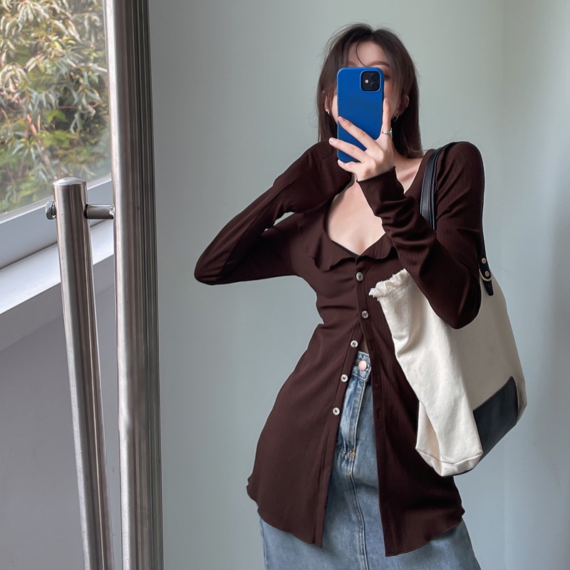 Áo sơ mi cổ V dáng dài áo thun body WANAWEAR phong cách retro cổ điển quyến rũ