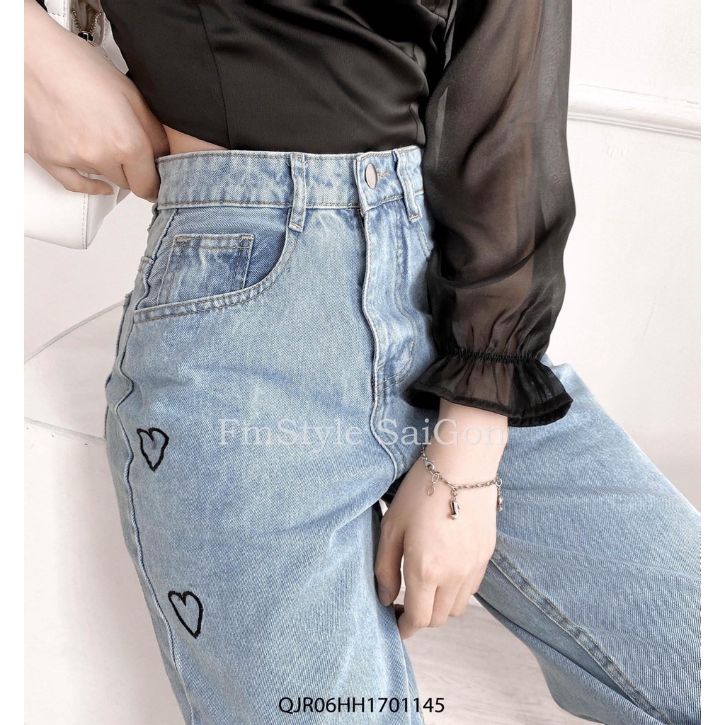 Quần jean nữ FLAKY SHOP cao cấp - Quần jean ống rộng phối hình thêu trái tim bắt mắt hàng chuẩn shop | BigBuy360 - bigbuy360.vn