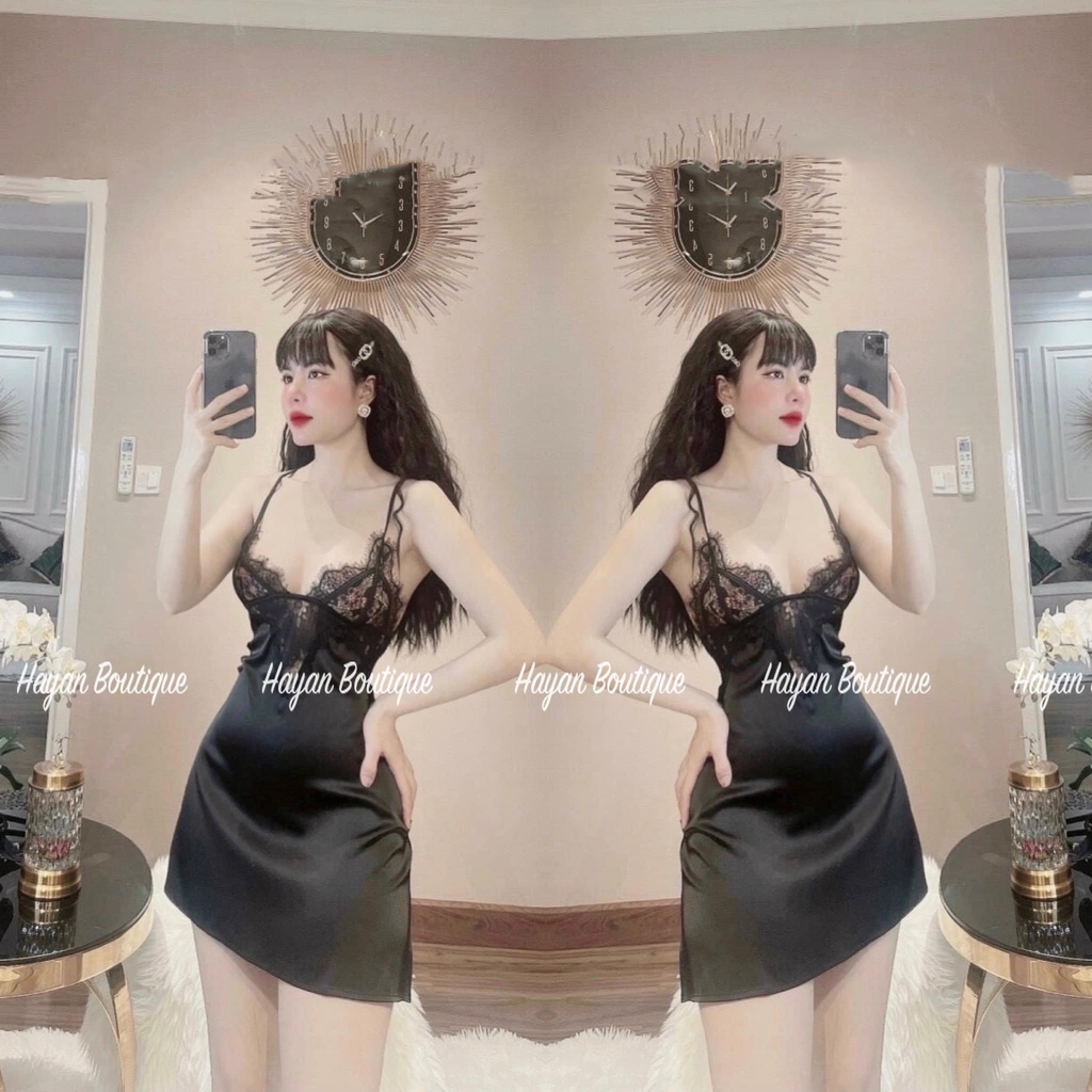 HT81 Váy ngủ sexy ren ngực cổ yếm hở lưng gợi cảm, đầm ngủ lụa mặc nhà quyến rũ HT81